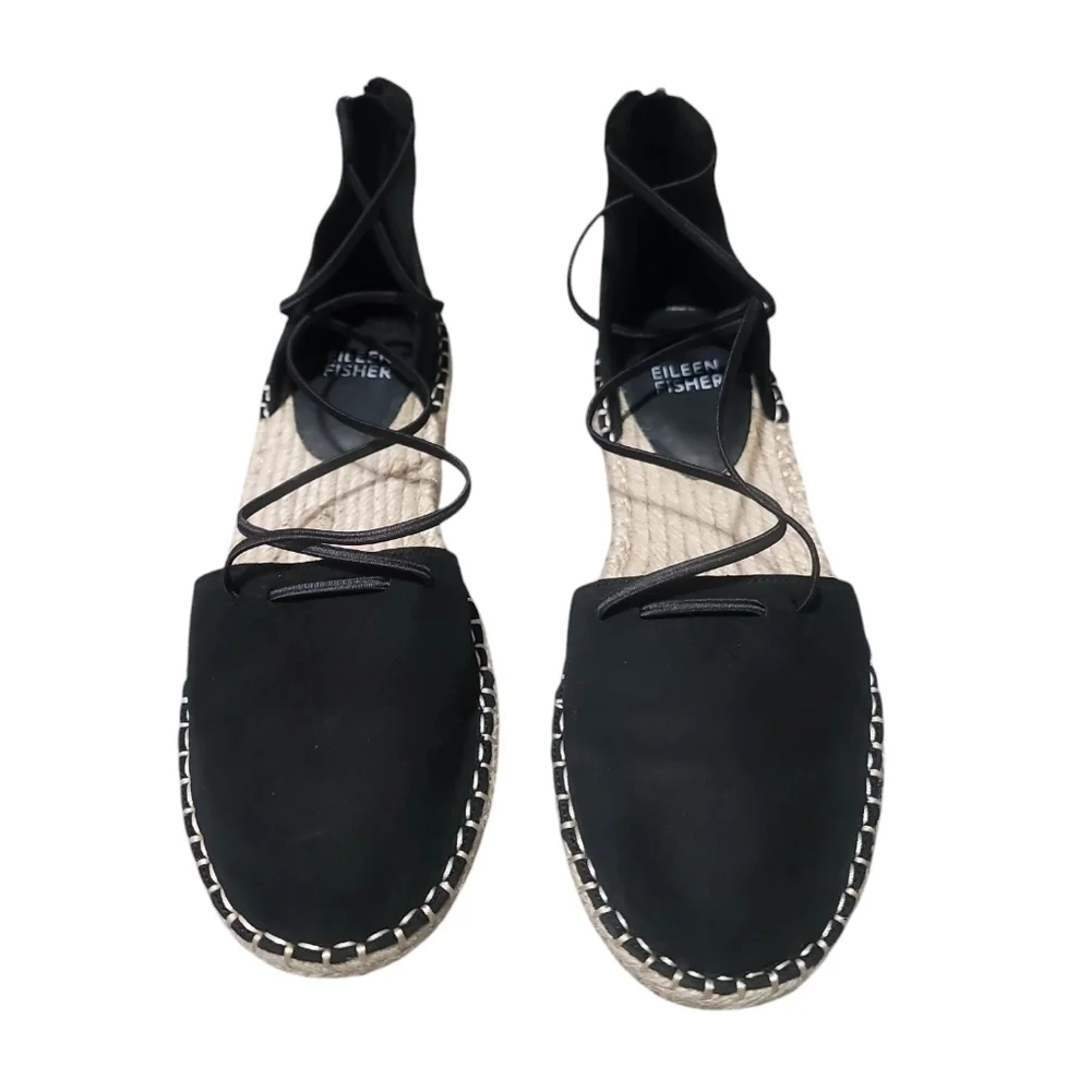 Eileen Fisher Womens Lace Espadrille Flat Sandals Black Nubuck Closed Toe 6.5